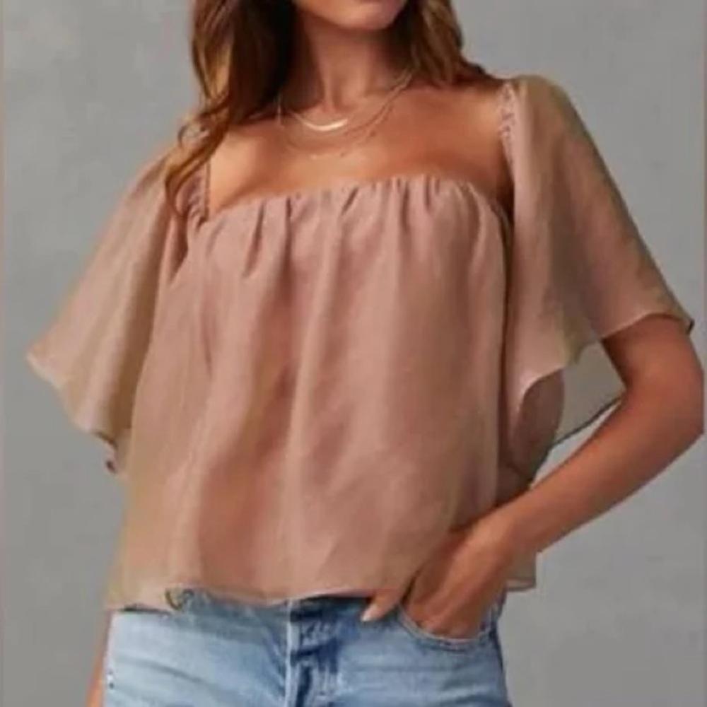 Wishlist Apparel Off Shoulder Chiffon Metallic Lined Blouse Top Blush Size M